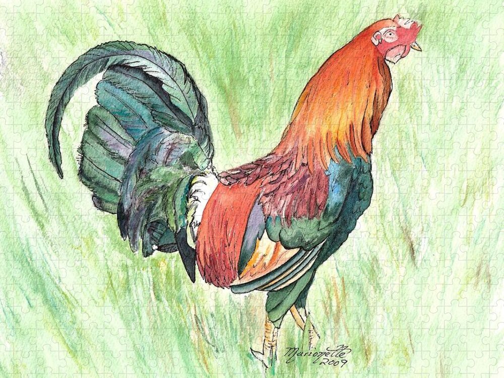 Roosters Jigsaw Puzzle featuring the painting Kokee Rooster by Marionette Taboniar