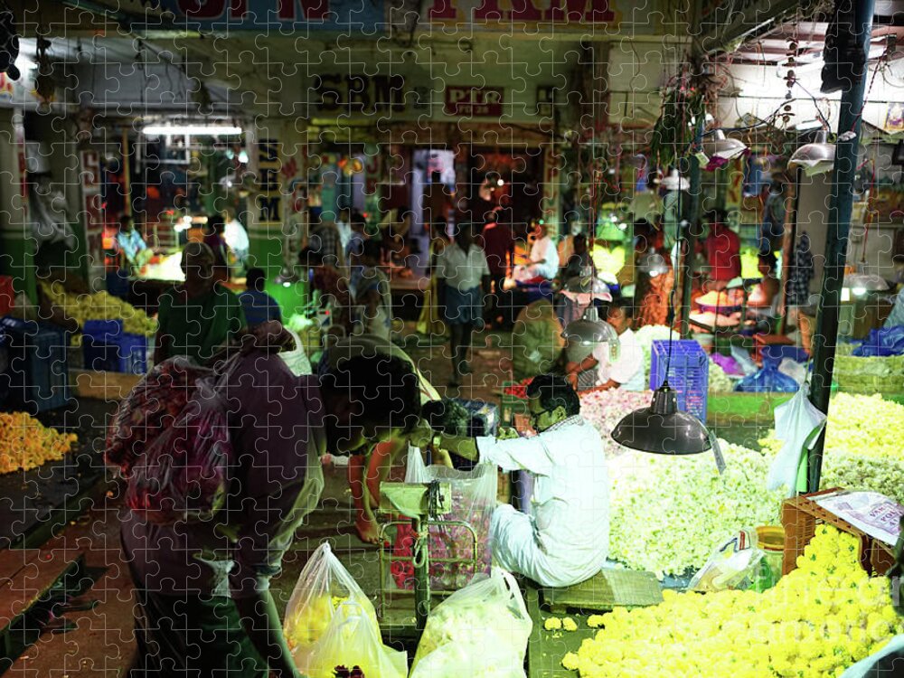 India Jigsaw Puzzle featuring the photograph Koyambedu Flower Market Stalls by Mike Reid