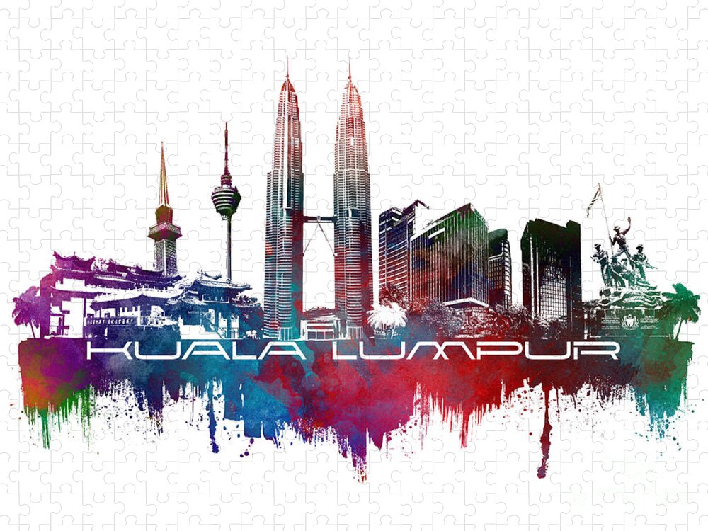 Kuala Lumpur Jigsaw Puzzle featuring the digital art Kuala Lumpur skyline city blue by Justyna Jaszke JBJart