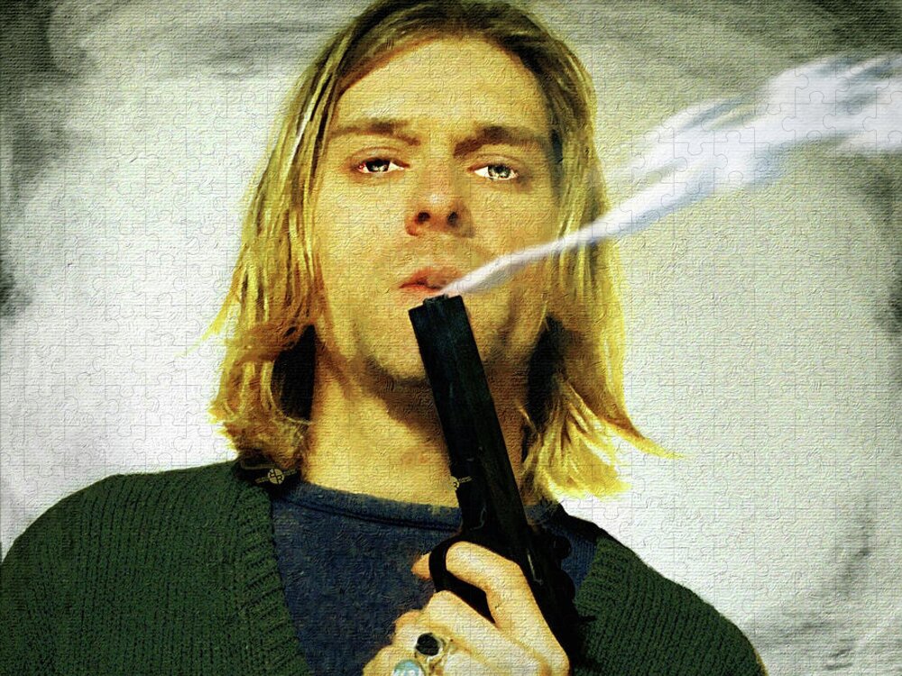 Kurt Cobain Jigsaw Puzzle featuring the painting Kurt Cobain Nirvana With Gun Painting Macabre 2 by Tony Rubino