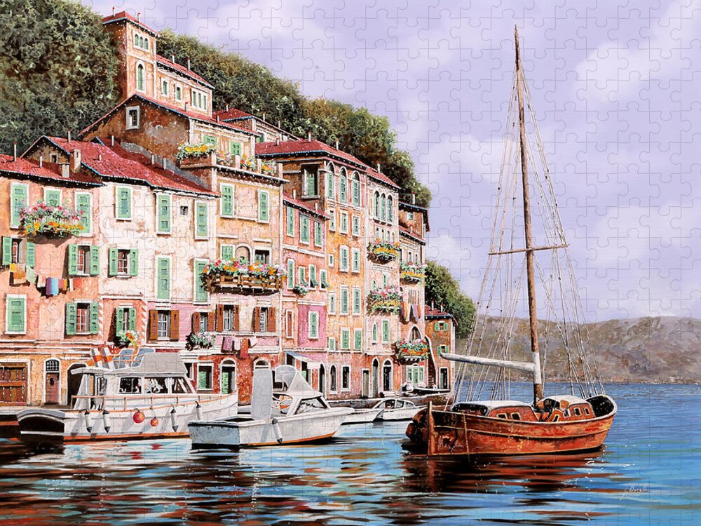 Landscape Jigsaw Puzzle featuring the painting la barca rossa a Portofino by Guido Borelli