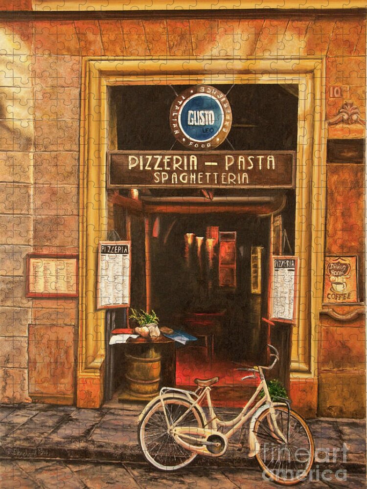 Italian Cafe Painting Jigsaw Puzzle featuring the painting La Bicicletta by Charlotte Blanchard