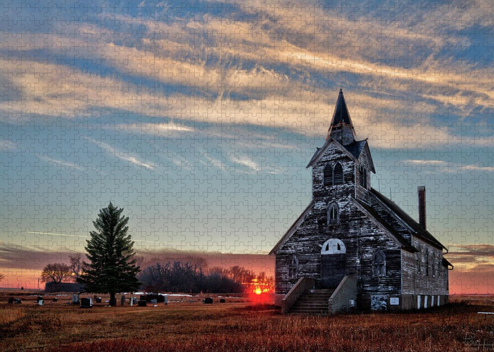 Church Abandoned Rural Lutheran Prairie Horizontal Sunset Landscape Jigsaw Puzzle featuring the photograph Sunset at the Big Coulee Lutheran Church by Peter Herman