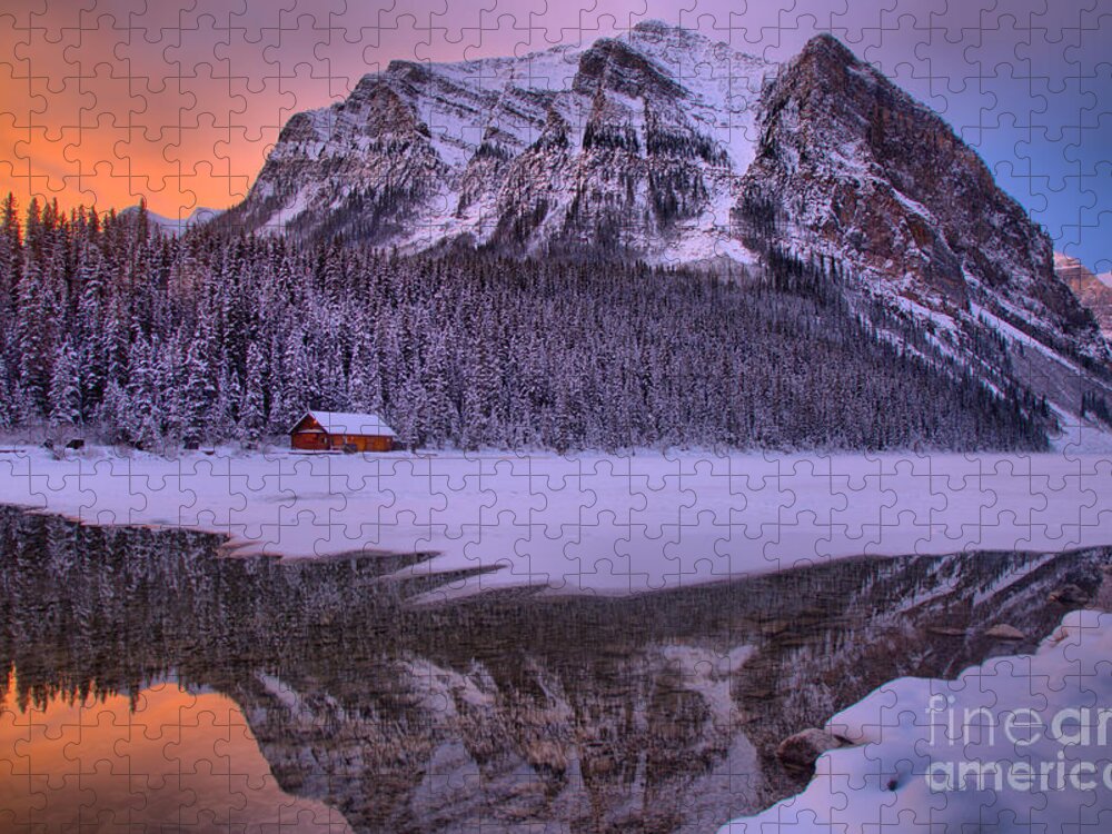 Lake Louise Jigsaw Puzzle featuring the photograph Lake Louise Winter Sunrise Reflections by Adam Jewell