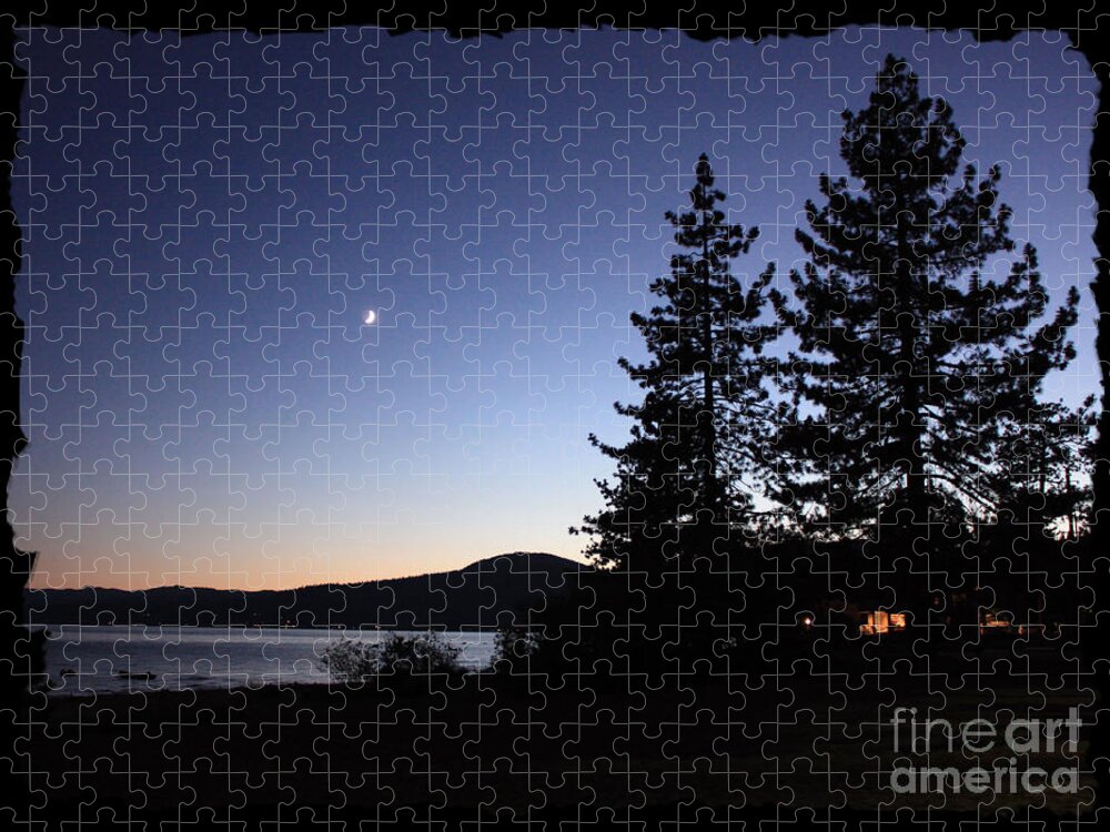 Lake Tahoe Sunset Jigsaw Puzzle featuring the photograph Lake Tahoe Sunset with Trees and Black Framing by Carol Groenen