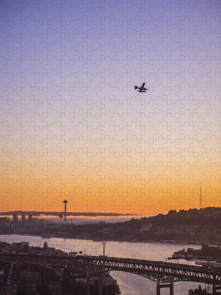 Air Traffic Jigsaw Puzzle featuring the photograph Lake Union Landing by Pelo Blanco Photo