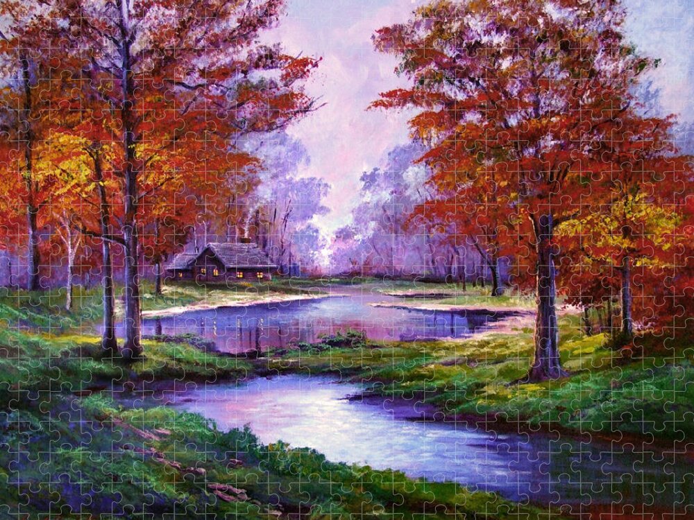 Autumn Jigsaw Puzzle featuring the painting Lakeside Cabin by David Lloyd Glover