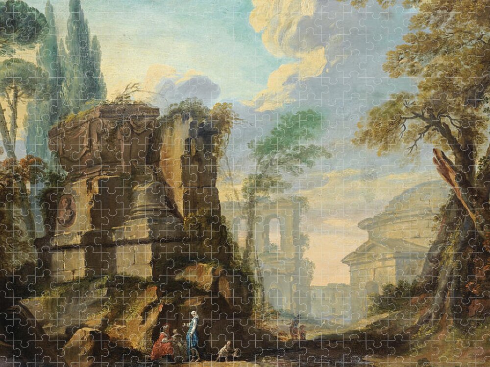 Jean Barbault Jigsaw Puzzle featuring the painting Landscape with Figures among Roman Ruins by Jean Barbault