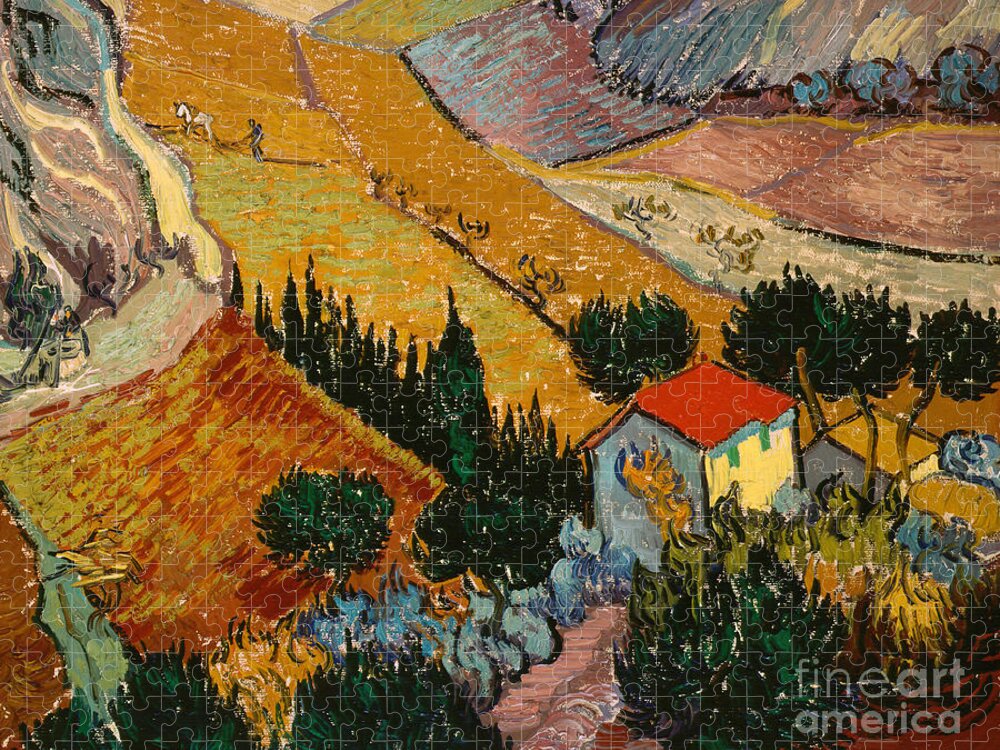 Landscape Jigsaw Puzzle featuring the painting Landscape with House and Ploughman by Vincent Van Gogh