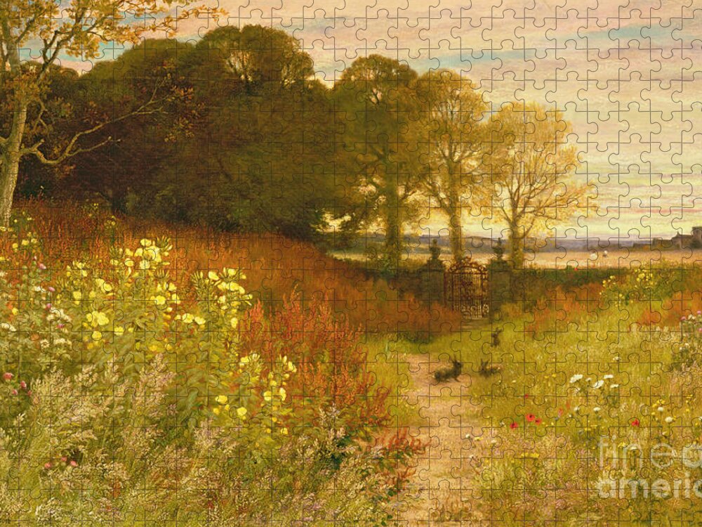 Landscape Jigsaw Puzzle featuring the painting Landscape with Wild Flowers and Rabbits by Robert Collinson