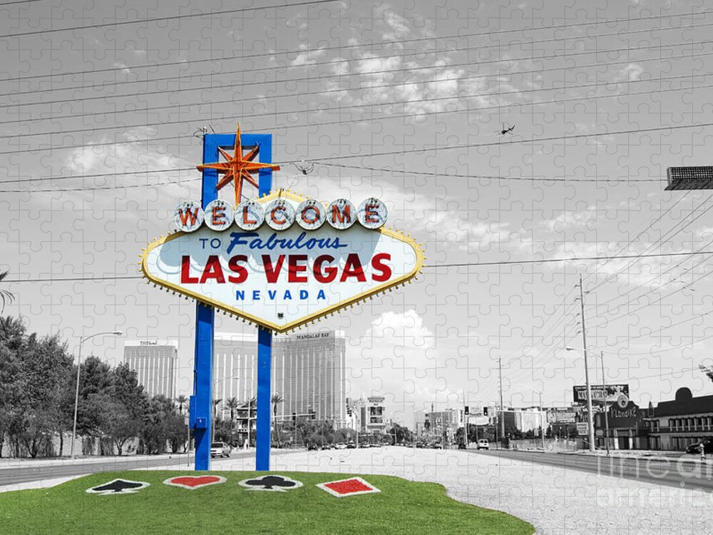 Las Vegas Jigsaw Puzzle featuring the photograph Las Vegas Welcome Sign Color Splash Black and White by Shawn O'Brien