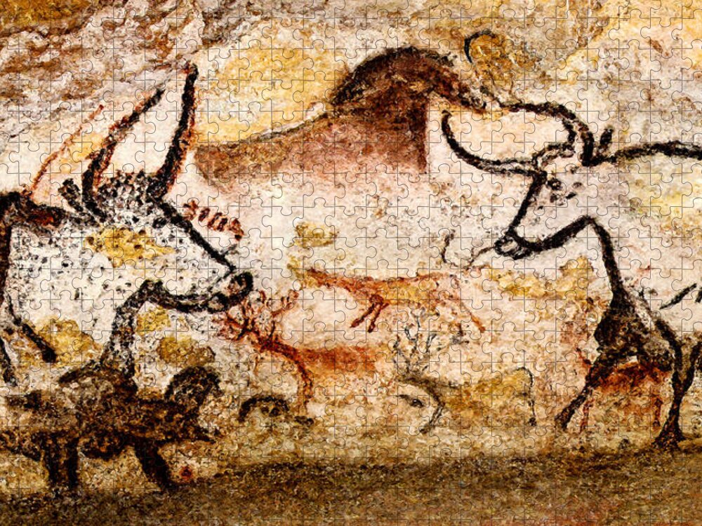 Lascaux Jigsaw Puzzle featuring the digital art Lascaux Hall of the Bulls - Deer and Aurochs by Weston Westmoreland