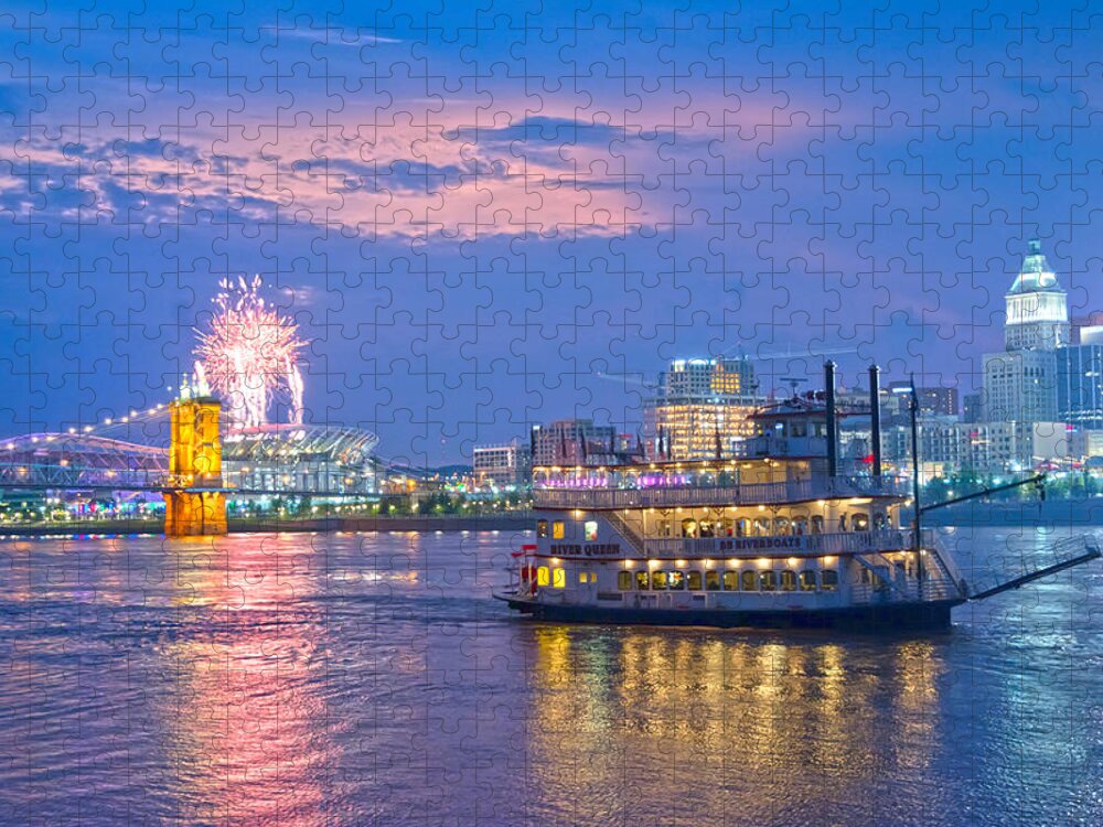 Cincinnati Ohio River Jigsaw Puzzle featuring the photograph Laser show over paul brown stadium by Randall Branham