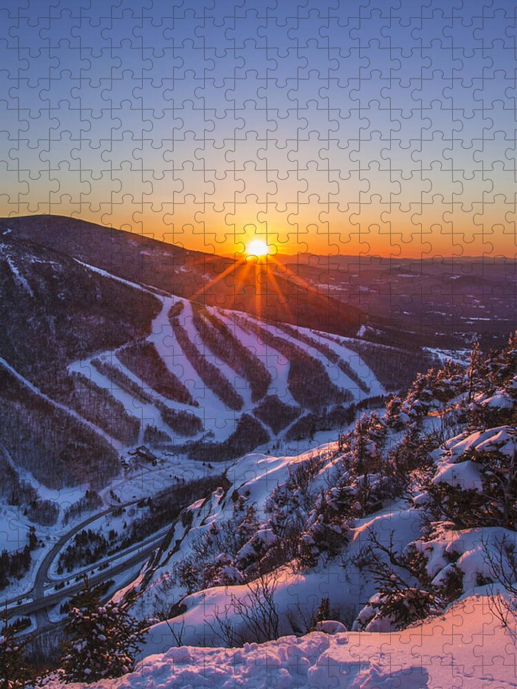 Last Winter Sunset Over Cannon Mountain Jigsaw Puzzle featuring the photograph Last Winter Sunset over Cannon Mountain Vertical by White Mountain Images