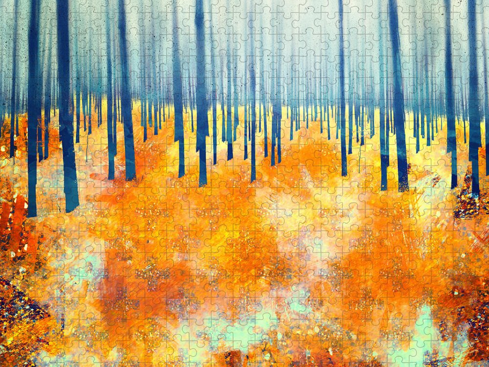Abstract Color Autumn Trees Forest Textures Landscape Jigsaw Puzzle featuring the digital art Late Autumn by Katherine Smit
