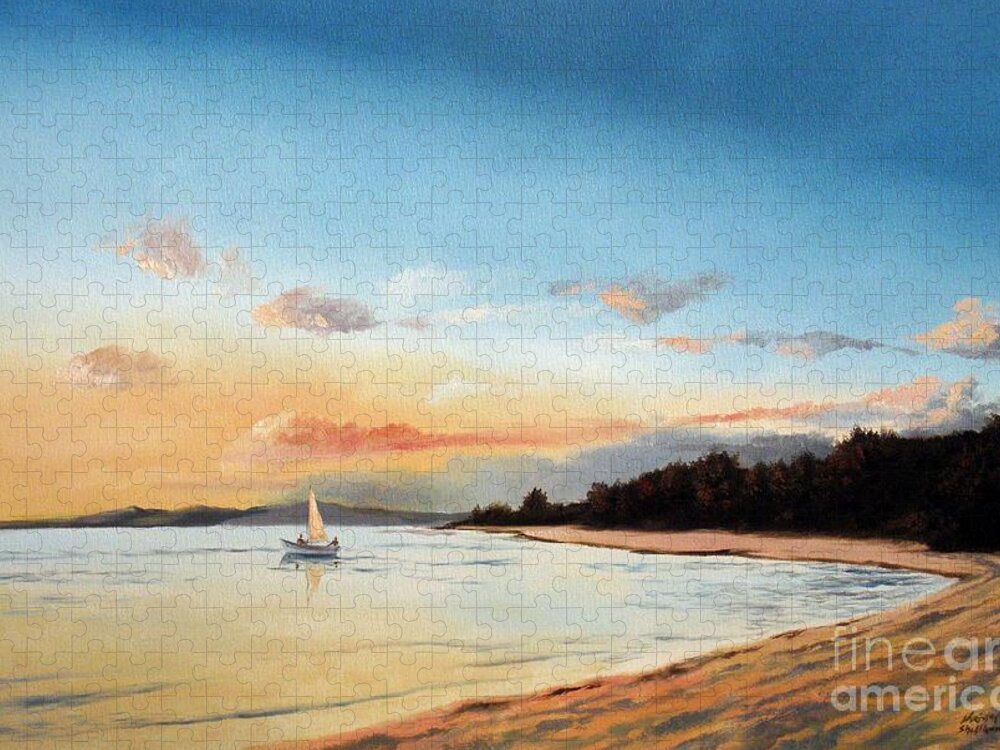 Sunset Jigsaw Puzzle featuring the painting Late Sunset along the Beach by Christopher Shellhammer