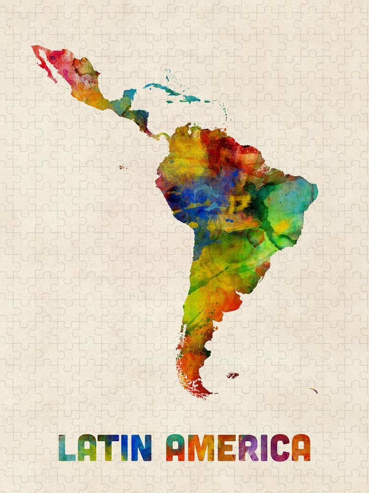 South America Map Jigsaw Puzzle featuring the digital art Latin America Watercolor Map by Michael Tompsett