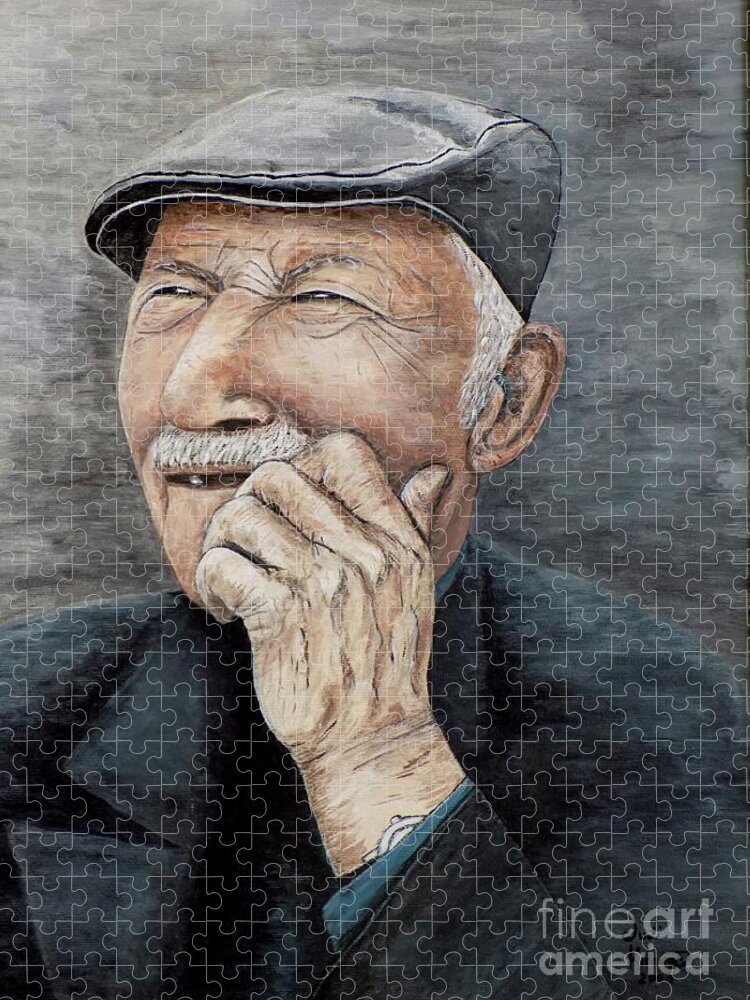 Old Man Jigsaw Puzzle featuring the painting Laughing Old Man by Judy Kirouac