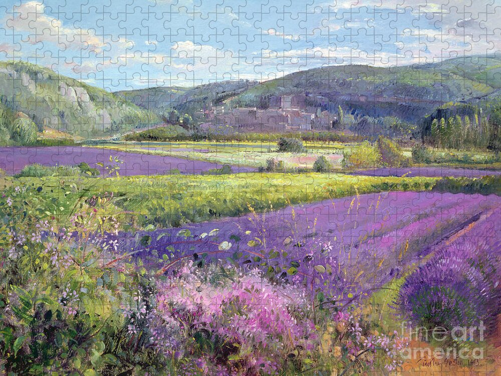 Field; South Of France; French Landscape; Hills; Hill; Landscape; Flower; Flowers Jigsaw Puzzle featuring the painting Lavender Fields in Old Provence by Timothy Easton