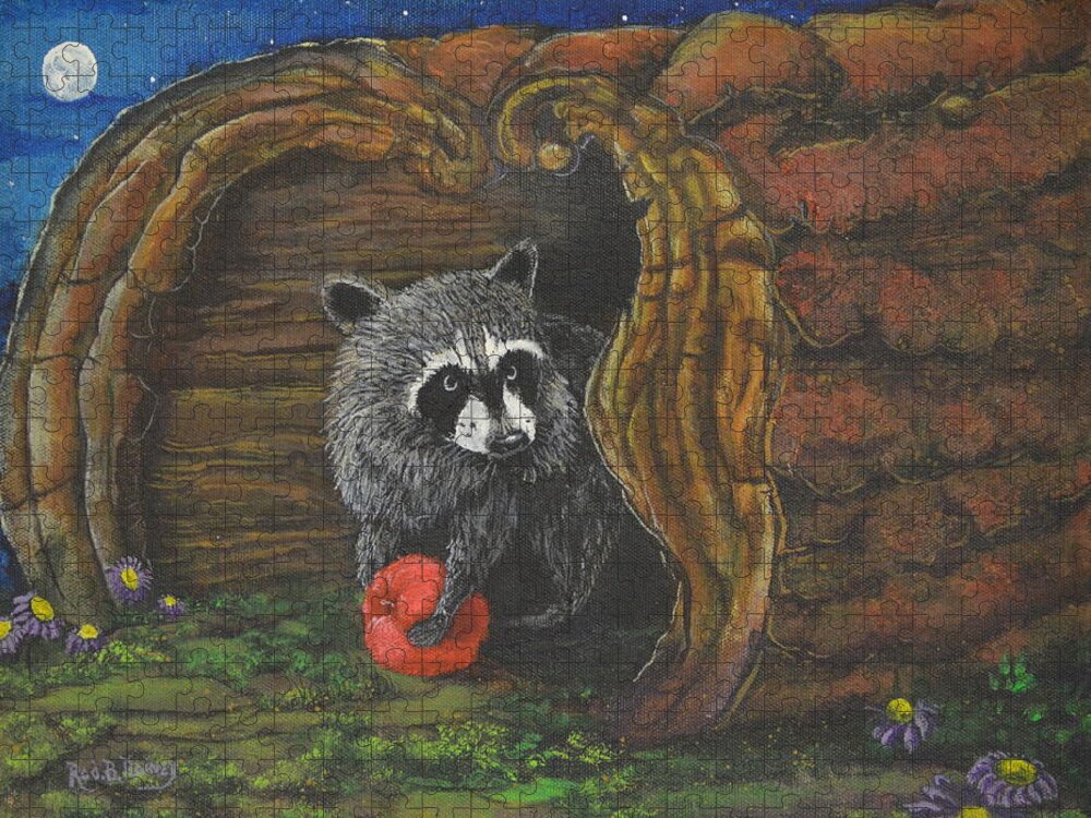 Raccoon Jigsaw Puzzle featuring the painting Laying Low by Rod B Rainey
