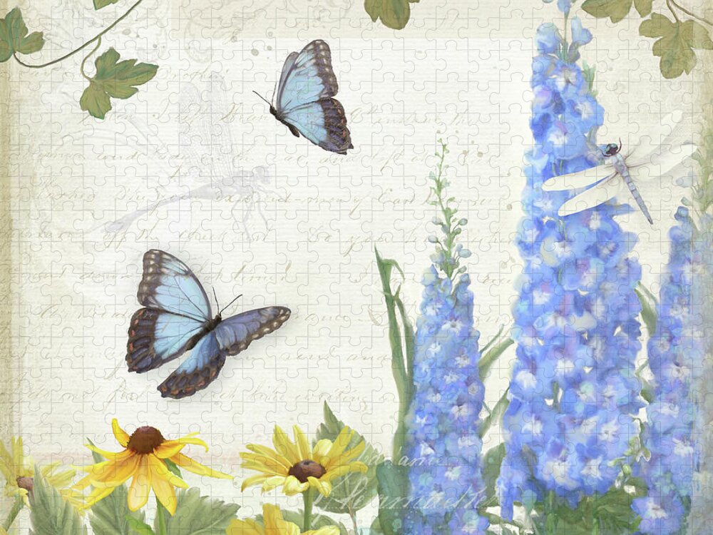 Le Petit Jardin Jigsaw Puzzle featuring the painting Le Petit Jardin 1 - Garden Floral w Butterflies, Dragonflies, Daisies and Delphinium by Audrey Jeanne Roberts