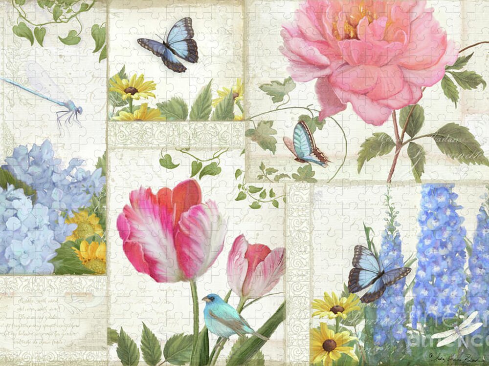 Collage Jigsaw Puzzle featuring the painting Le Petit Jardin - Collage Garden Floral w Butterflies, Dragonflies and Birds by Audrey Jeanne Roberts