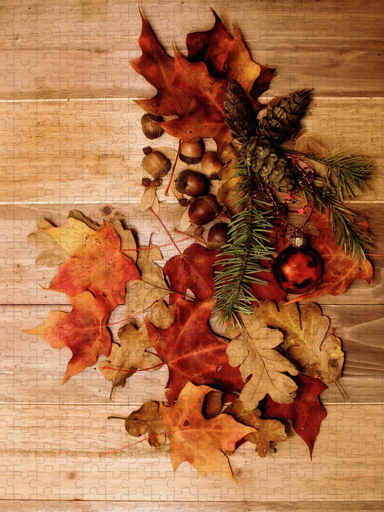 Leaves Jigsaw Puzzle featuring the photograph Leaves and Nuts and Red Ornament by Rebecca Cozart