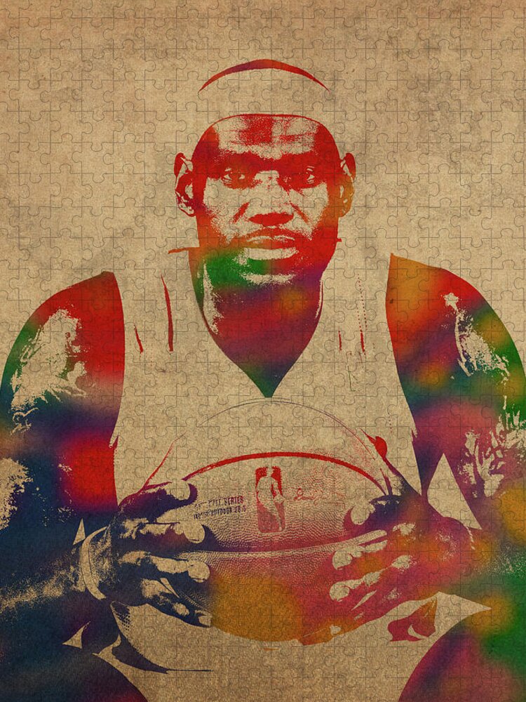 Lebron Jigsaw Puzzle featuring the mixed media LeBron James Watercolor Portrait by Design Turnpike