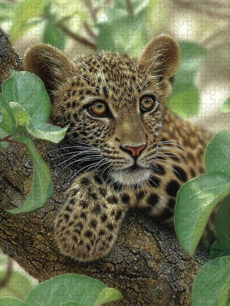 Leopard Art Jigsaw Puzzle featuring the painting Leopard Cub - Tree Hugger by Collin Bogle