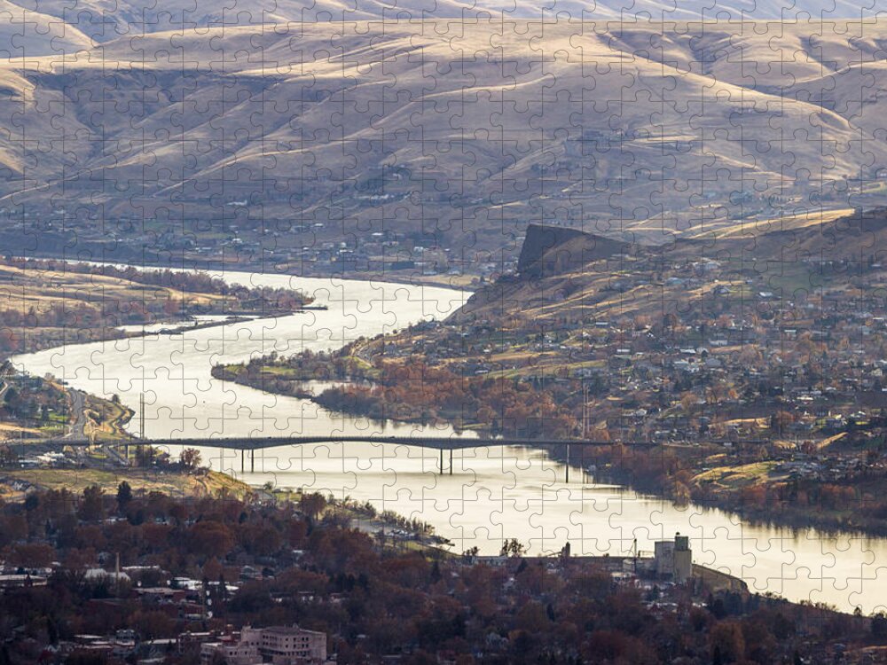Lewiston Idaho Asotin Clarkston Washington Id Wa Valley Swallows Nest Rock Southway Bridge Snake River Cities Dry Summer August Landscape Landmarks Local View Jigsaw Puzzle featuring the photograph Lewis Clark Valley by Brad Stinson