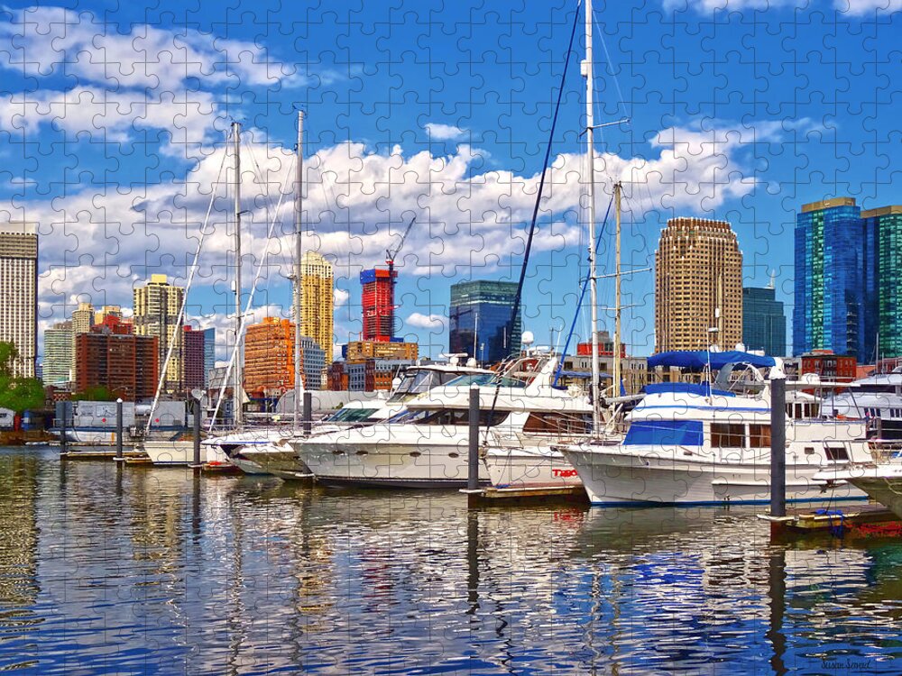 Marina Jigsaw Puzzle featuring the photograph Liberty Landing Marina Against Jersey City Skyline by Susan Savad