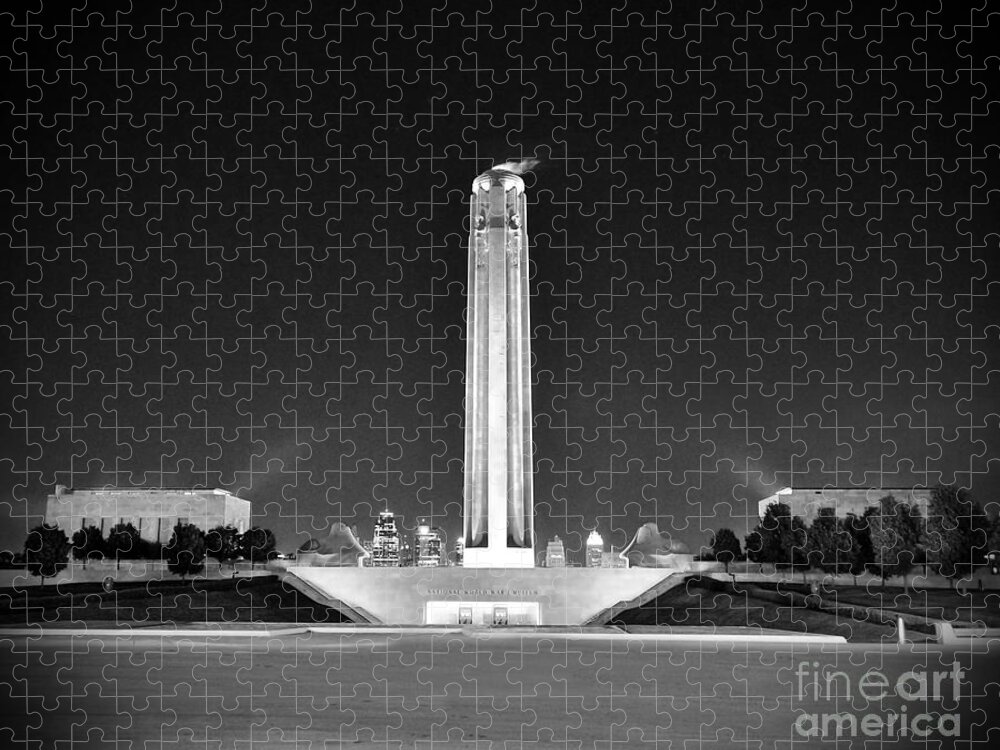 Liberty Jigsaw Puzzle featuring the photograph Liberty Memorial in Kansas City BW by Catherine Sherman