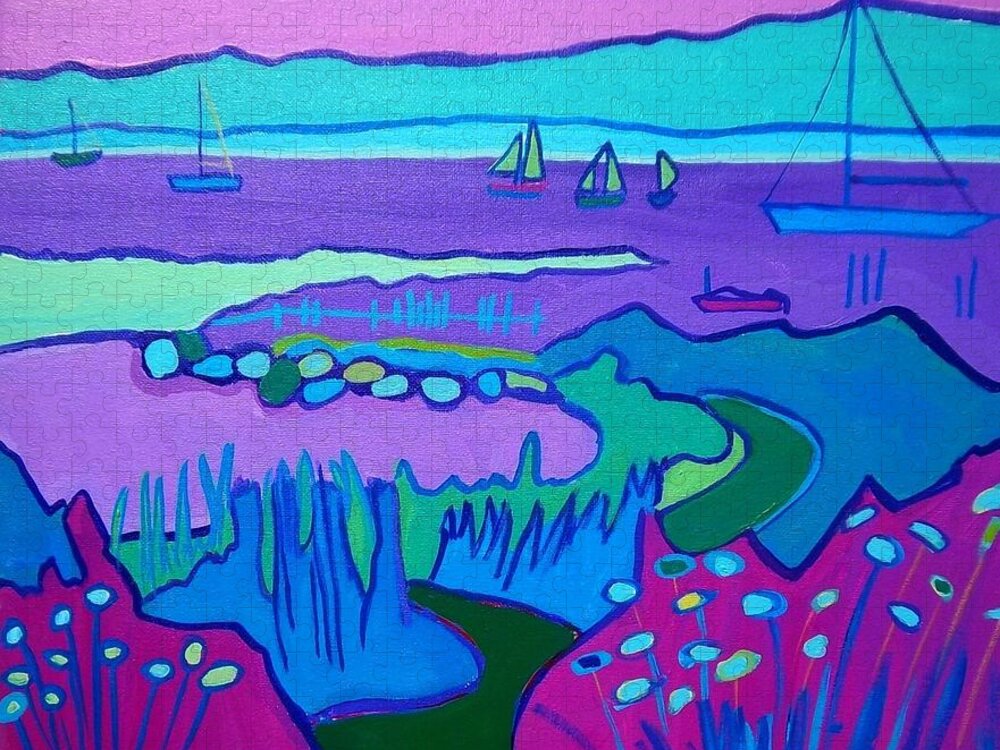Ocean Jigsaw Puzzle featuring the painting Lighthouse Beach Path Edgartown by Debra Bretton Robinson