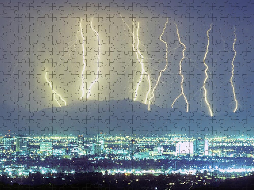 Phoenix Jigsaw Puzzle featuring the photograph Lightning Over Phoenix Arizona Panorama by James BO Insogna