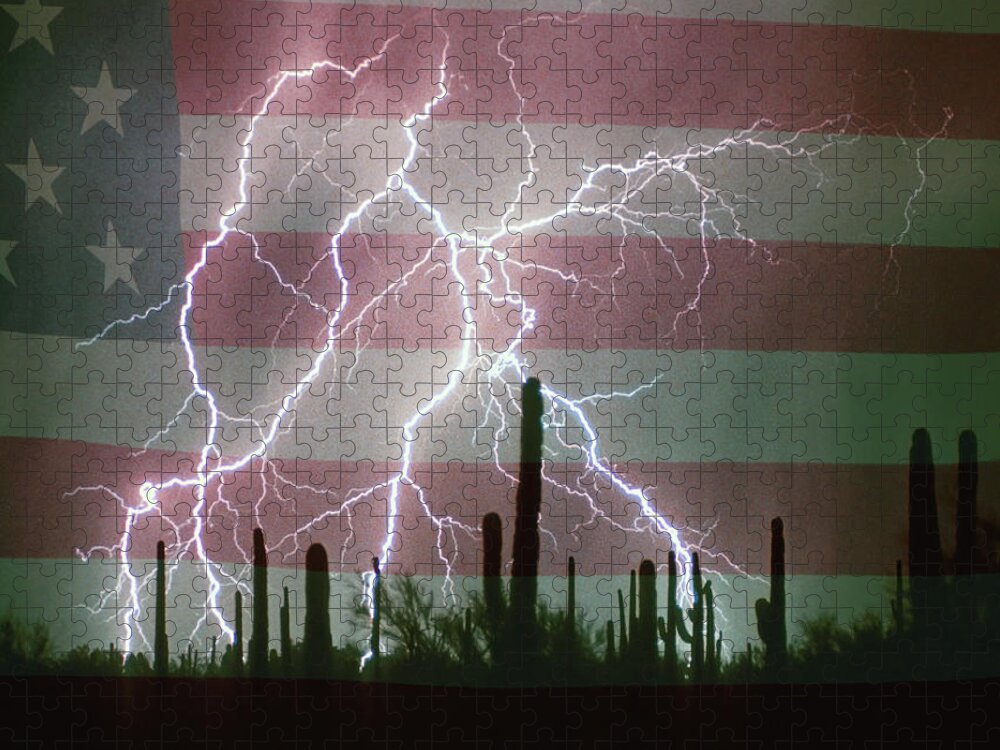 Americano Jigsaw Puzzle featuring the photograph Lightning Storm in the USA Desert Flag Background by James BO Insogna