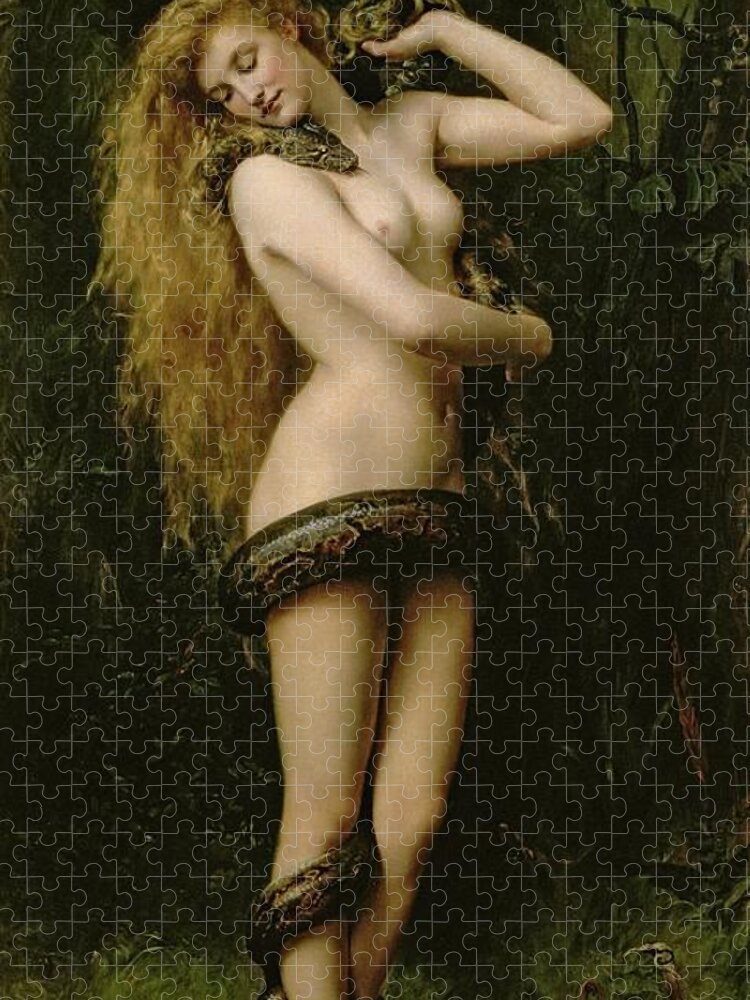 Nude; Female; Snake; Long Hair; Pre-raphaelite; Lilith Jigsaw Puzzle featuring the painting Lilith by John Collier