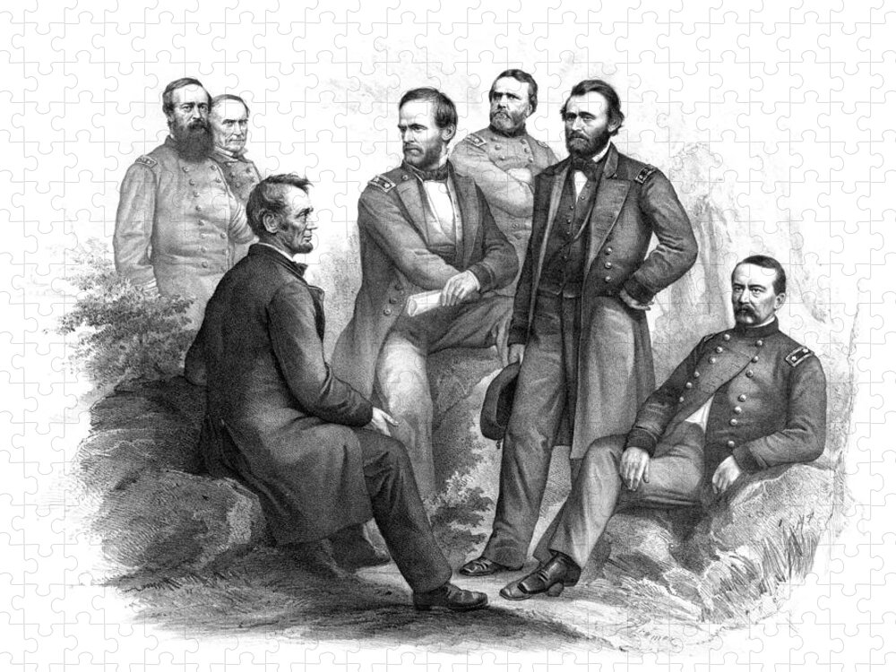 Civil War Jigsaw Puzzle featuring the drawing Lincoln and His Generals Black and White by War Is Hell Store