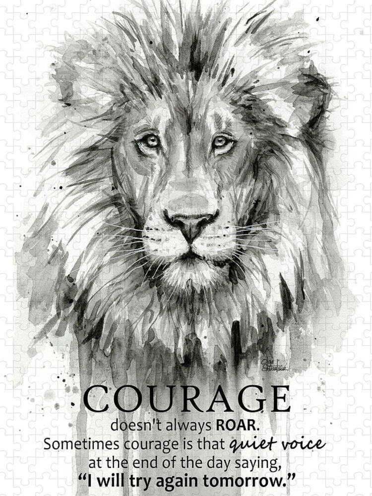 Lion Puzzle featuring the painting Lion Courage Motivational Quote Watercolor Animal by Olga Shvartsur