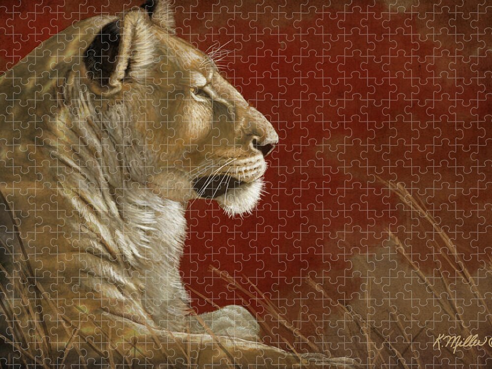 Lion Jigsaw Puzzle featuring the painting Lioness in the Shade by Kathie Miller