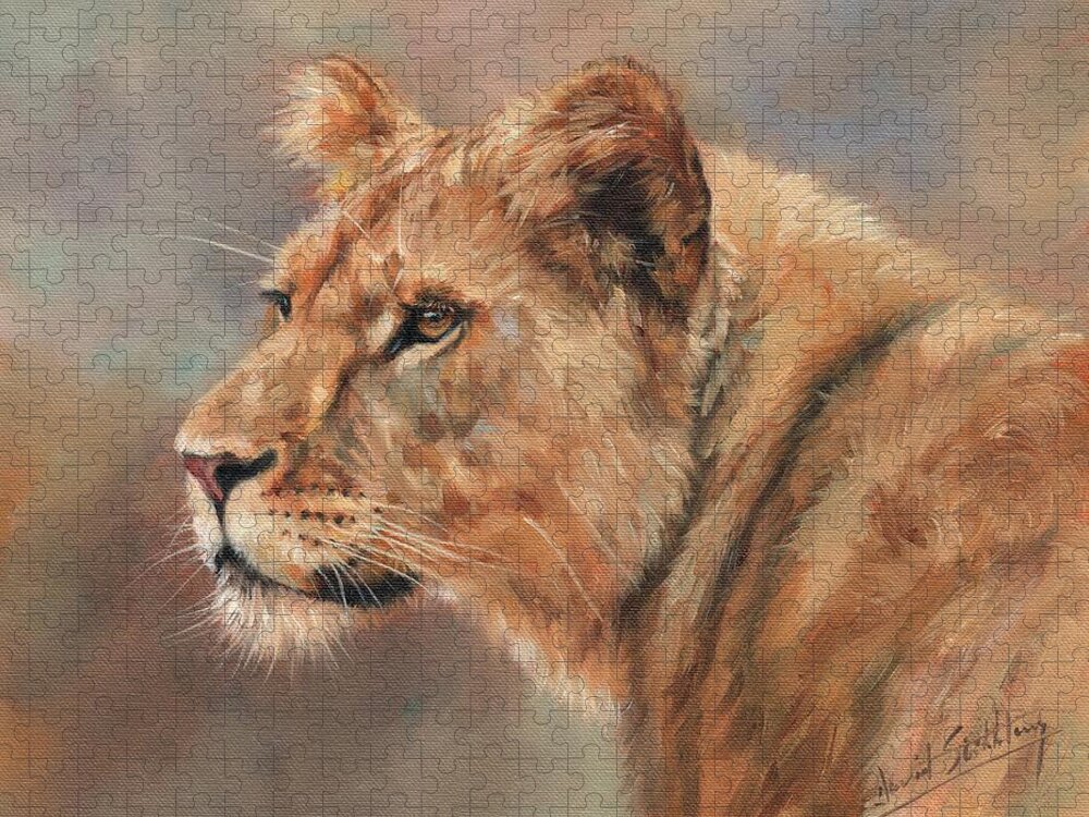 Lioness Jigsaw Puzzle featuring the painting Lioness Portrait by David Stribbling