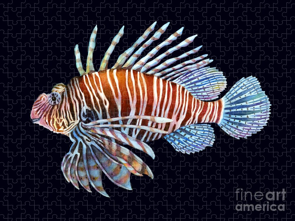 Lionfish Jigsaw Puzzle featuring the painting Lionfish on Black by Hailey E Herrera