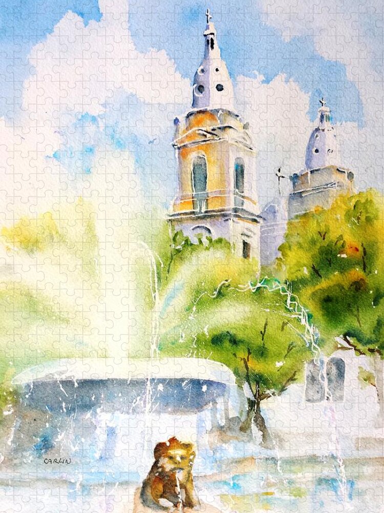 Puerto Rico Jigsaw Puzzle featuring the painting Lions Fountain Plaza Las Delicias Ponce Cathedral Puerto Rico by Carlin Blahnik CarlinArtWatercolor