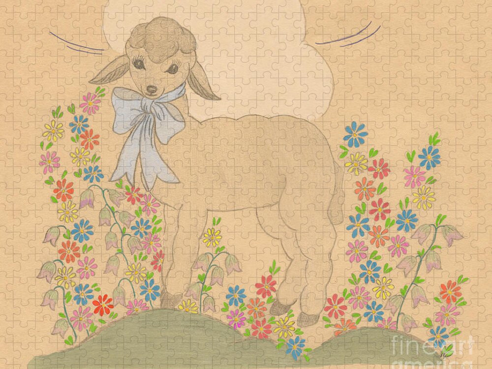 Landscape Jigsaw Puzzle featuring the drawing Little Lamb by Donna L Munro