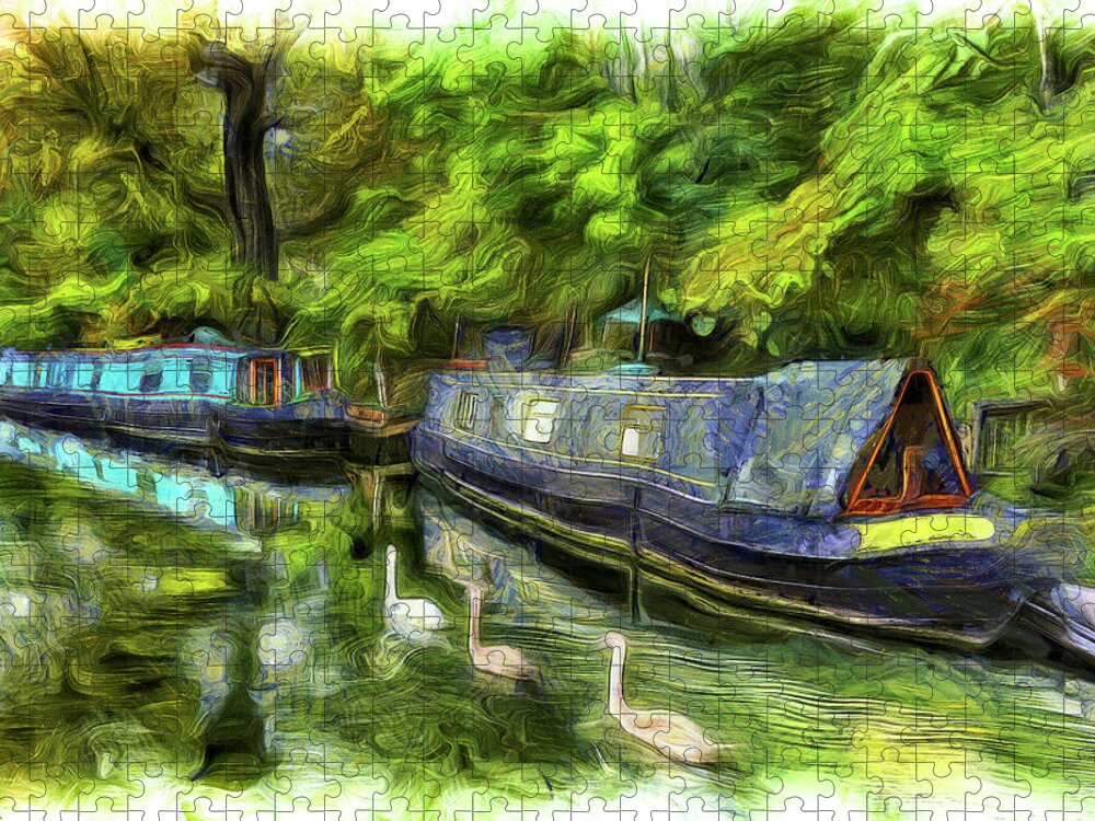 Swan Jigsaw Puzzle featuring the mixed media Little Venice London Van Gogh Art by David Pyatt