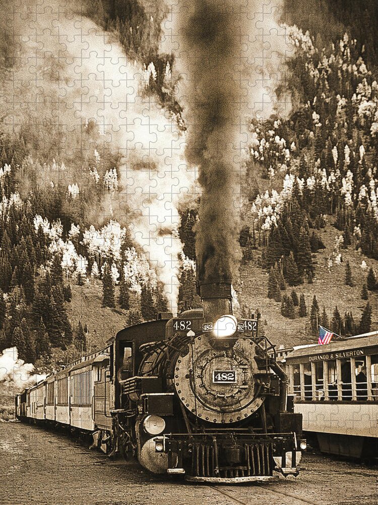 Train Jigsaw Puzzle featuring the photograph Locomotive To The Past Sepia, Durango Silverton Narrow Gauge, Colorado by Don Schimmel