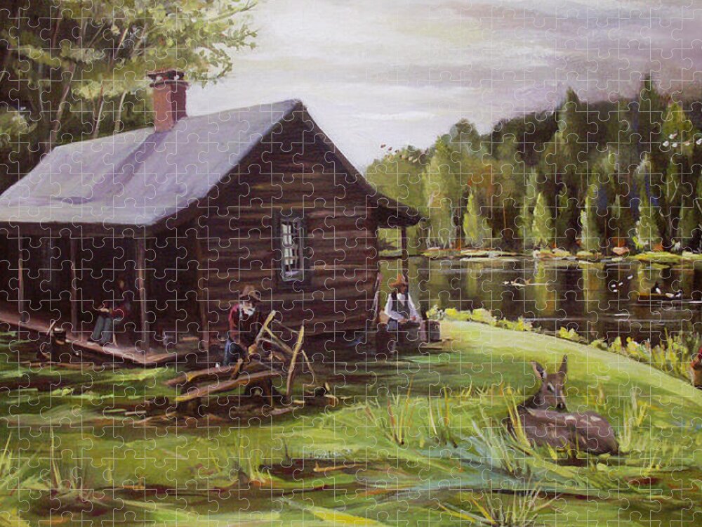 Log Cabin Jigsaw Puzzle featuring the painting Log Cabin by the Lake by Nancy Griswold