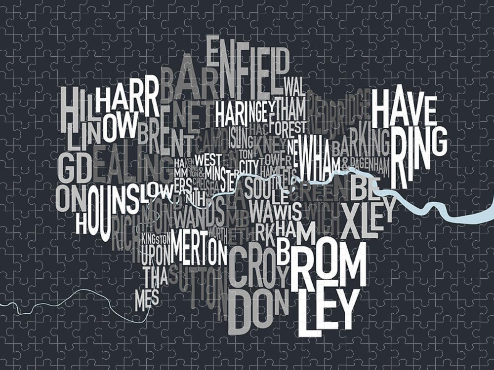 London Puzzle featuring the digital art London UK Text Map by Michael Tompsett