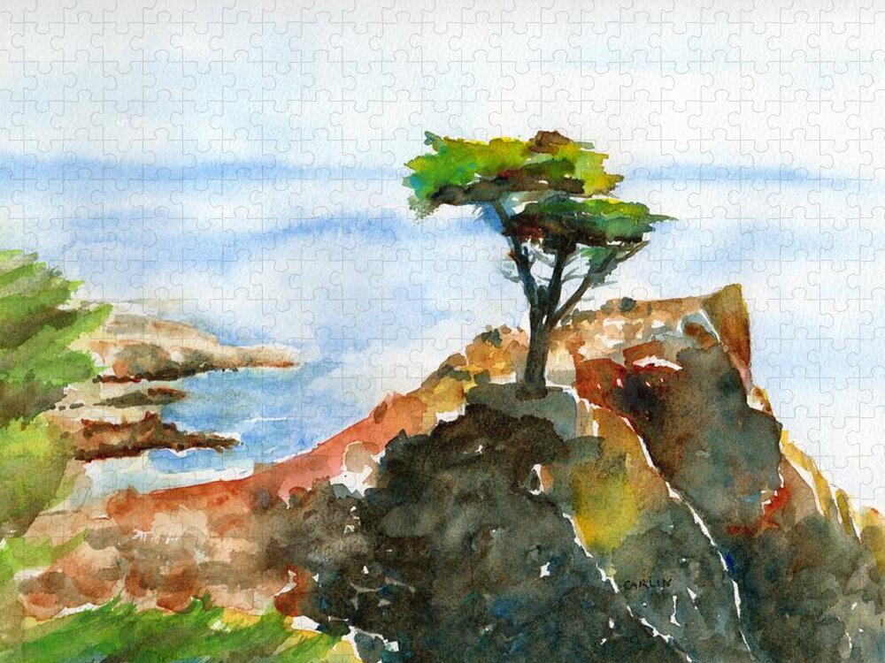 Lone Cypress Jigsaw Puzzle featuring the painting Lone Cypress Pebble Beach Fog by Carlin Blahnik CarlinArtWatercolor