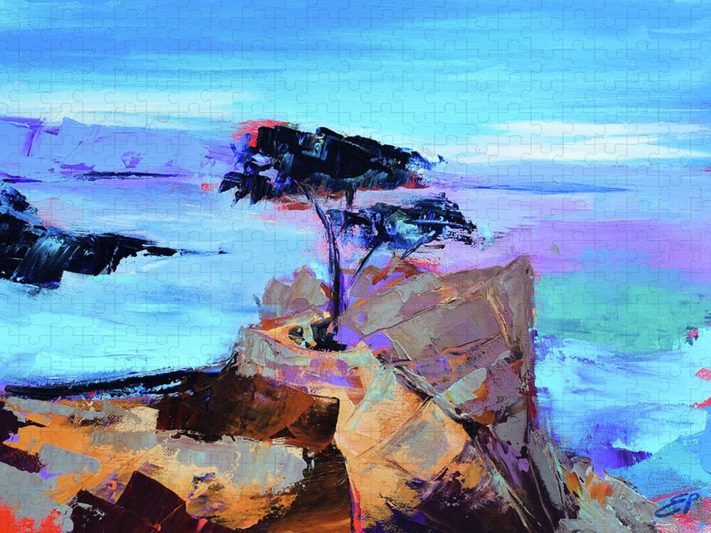 Lone Cypress Jigsaw Puzzle featuring the painting Lone Cypress - California by Elise Palmigiani