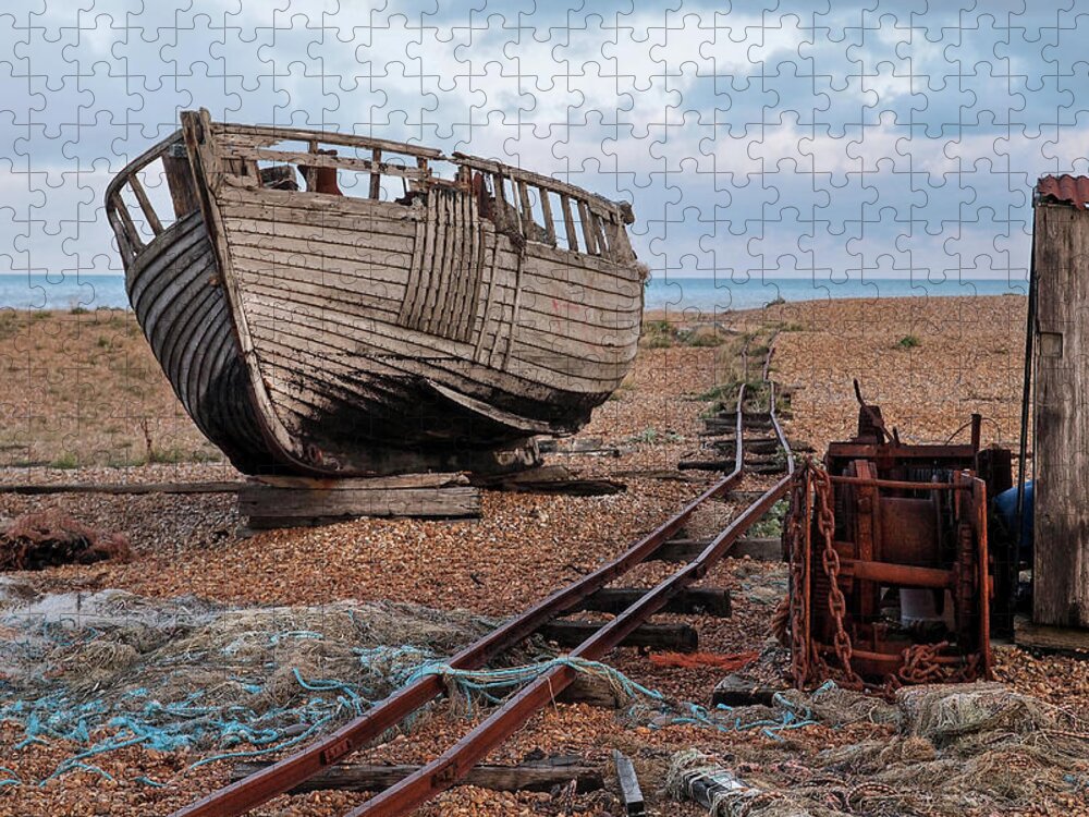 Old Fishing Boat Jigsaw Puzzle featuring the photograph Long Forgotten - Rusty Winch and Old Fishing Boat by Gill Billington